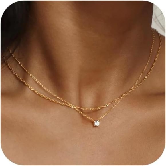 Diamond Necklaces for Women, Dainty Gold Necklace 14k Gold Plated Long Necklace
